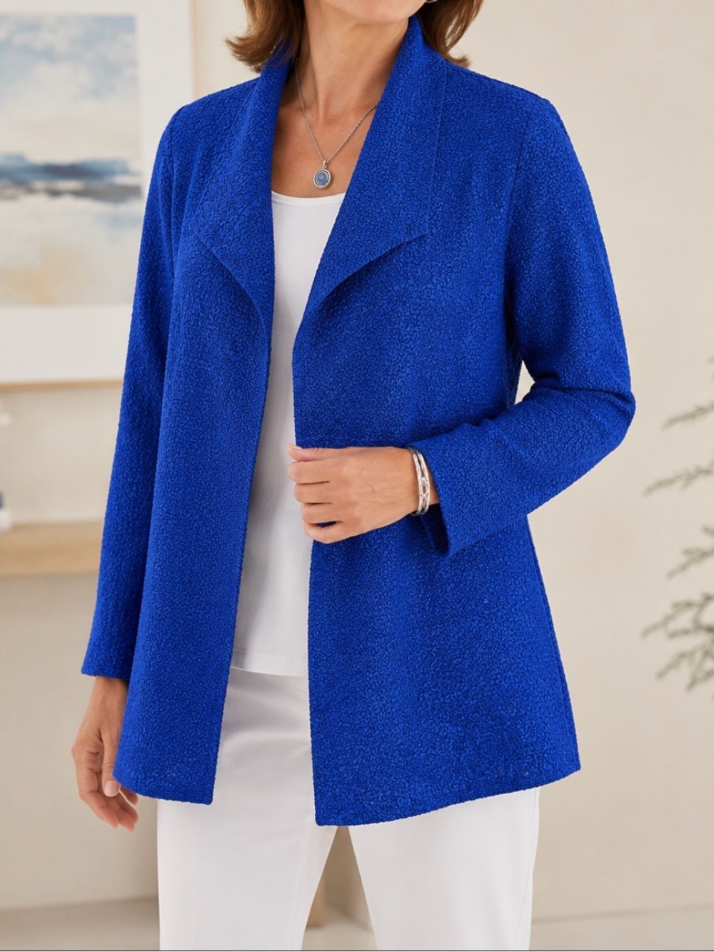 Chico’s Travelers Collection Women’s Size 3 Blue Textured Open Front Jacket